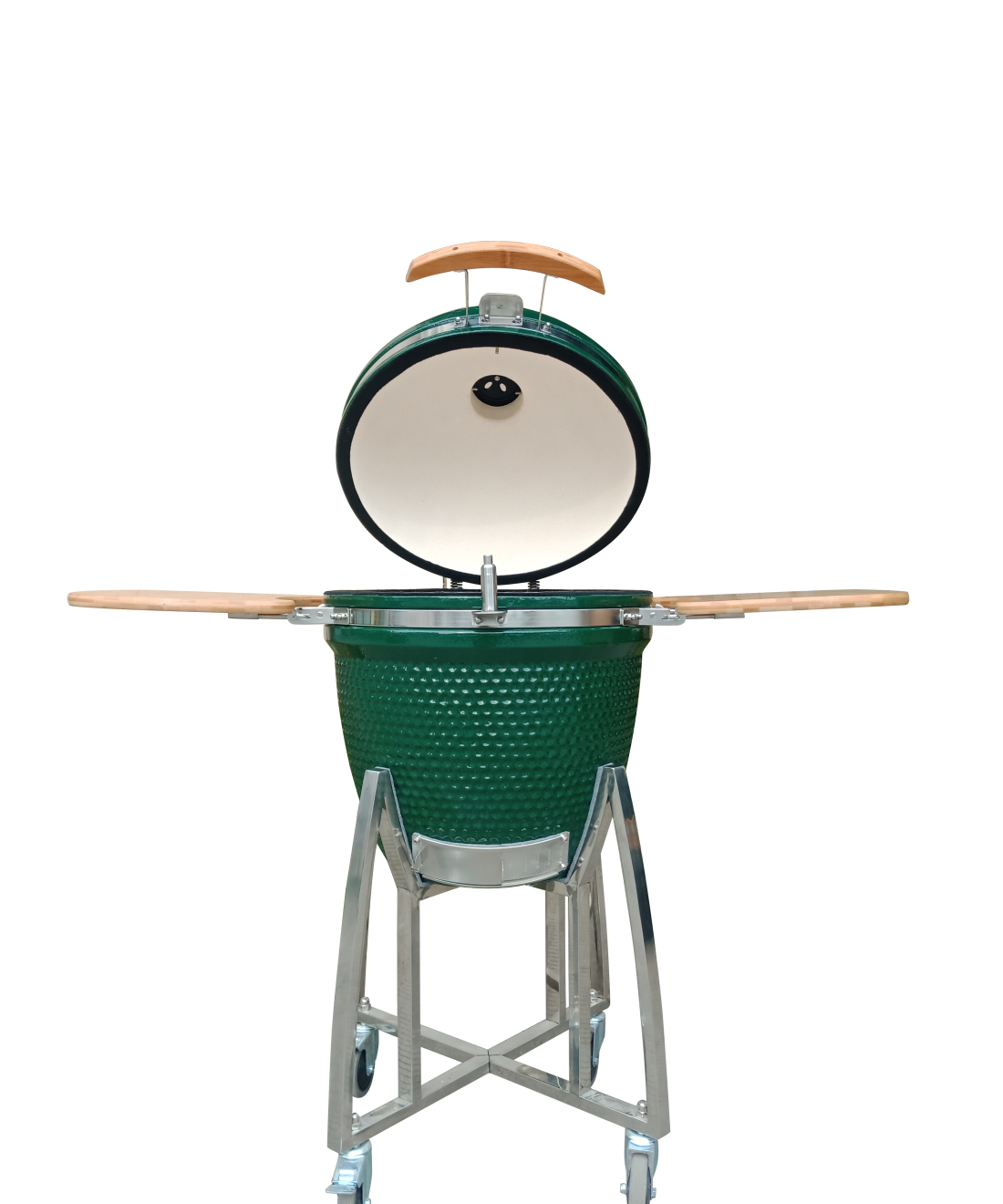 Famous Garden UK Dark Green Kamado Grill 21 inch tables open and lid open front 5