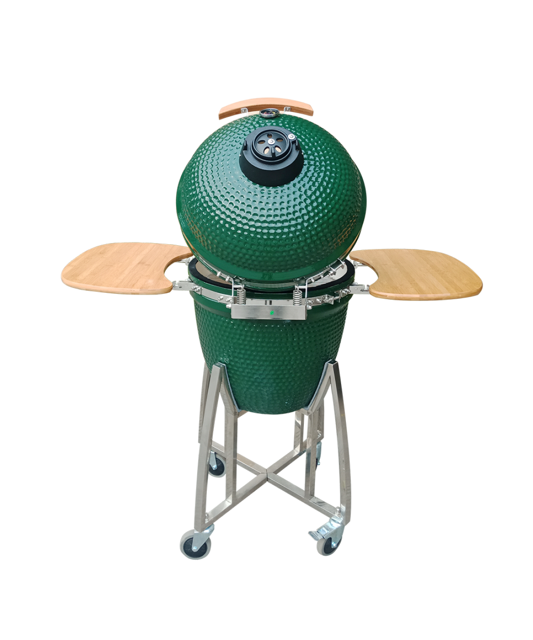 Famous Garden UK Dark Green Kamado Grill 21 inch tables open and lid open from behind